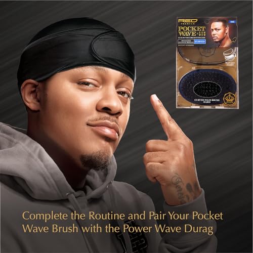 Red by Kiss Premium Pocket Wave Brush Hard – Bow Wow Curved Palm Brush for 360 Waves, High Density Hard Bristles for Coarse or Long Hair, Travel Cover, Ideal for Wolfing & Durag Use