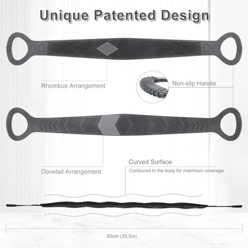 FREATECH Silicone Back Scrubber for Shower, 36" Dual-Sided Back Washer Exfoliator Strap to Clean, Exfoliate and Massage, Easily Cover The Entire Back for Men Women, Easy to Clean, Black