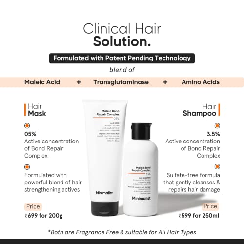 Minimalist Hair Shampoo for Damaged Hair & Frizzy Hair | Maleic Bond Repair Complex 3.5% | With Argan Oil, Ceramides & Coconut Oil | For Women & Men | 8.5 Fl Oz / 250 ml