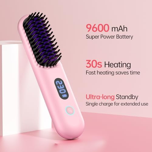 Cordless Hair Straightener Brush-Portable Straightening Comb, 9600mAh Batt, Plasma Tech, 9 Temp-Settings & LED Display, for Travel & Home(Pink)
