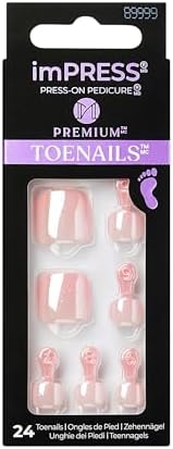 KISS imPRESS No Glue Pedi Press-On Toenails, Light Pink Nails with Pearl, Squoval Shape, Includes 24 Nails, Prep Pad, 1 Manicure Stick, 1 Mini File