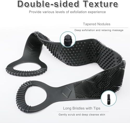 FREATECH Silicone Back Scrubber for Shower, 36" Dual-Sided Back Washer Exfoliator Strap to Clean, Exfoliate and Massage, Easily Cover The Entire Back for Men Women, Easy to Clean, Black