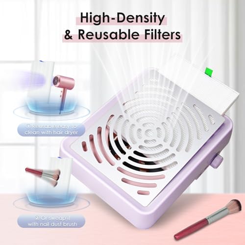 Nail Dust Collector with Lamp & 50pcs Disposable Filter & Dusting Brush, Electric Nail Vacuum Cleaner Dust Fan Suction Machine for Manicure Acrylic Gel Nails Polishing, Low Noise, Salon Home