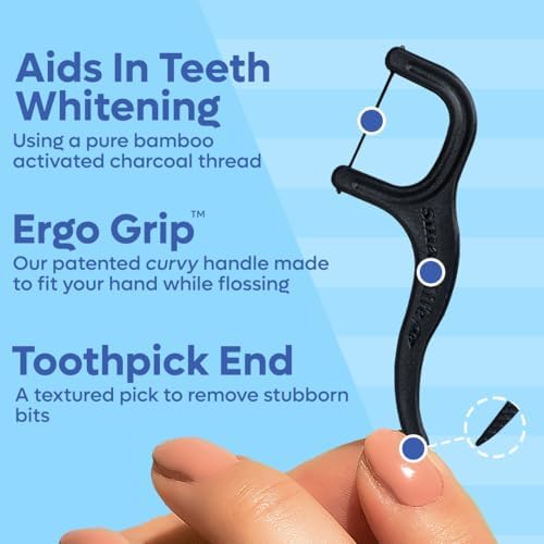 SmartLifeco Biodegradable* Dental Floss Picks - Charcoal Thread Flossers for Adults, All Natural Teeth Whitening, Eco Friendly Straw Wheat Handle, Toothpick Stick Soft on Gums, Zero Waste Vegan, 200x