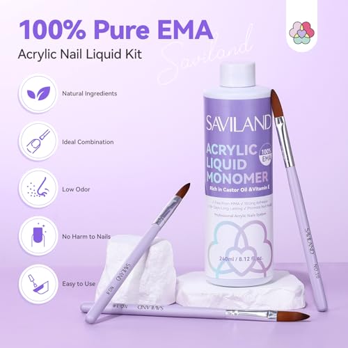 SAVILAND Essentials Acrylic Liquid Monomer: 8.12fl.oz Non-Yellowing EMA Monomer Acrylic Nail Liquid with Size 8,10,14 Nail Brushes for Acrylic Powder Application Beginner Nail Kit Home Nail Salon DIY