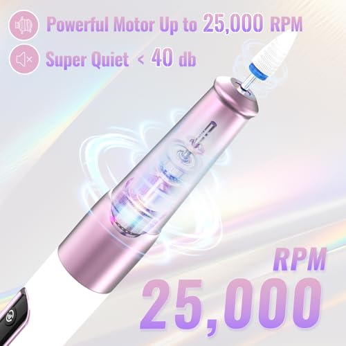 Nail Drill Cordless, Electric Nail File 12 in 1 with LED Display, Nail Drill Machine Professional Portable Rechargeable E File for Gel Acrylic Manicure Pedicure Set with 5 Speeds Purple