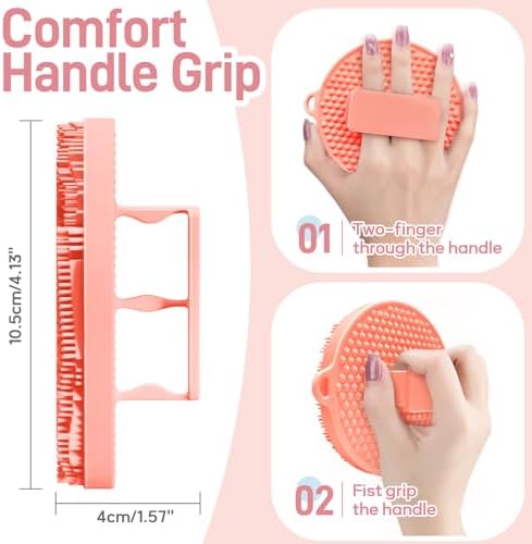 Silicone Face/Body/Back Scrubber Set, 15.35’’ Soft Back Scrubber for Shower with Dual-Side Brush Head, Silicone Body Scrubber Facial Scrubber with Dense Bristles and Non-Slip Handle(Pink-3PCS)