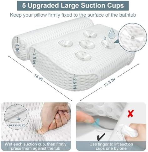 Bath Pillow Bathtub Pillow - Bath Pillows for Tub with Neck, Head, Shoulder and Back Support - 4D Air Mesh Spa Pillow for Bath - Extra Thick, Soft and Quick Dry