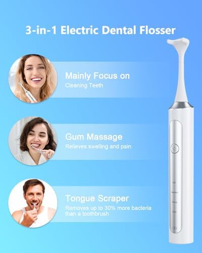 Rechargeable Electric Flosser 4-Speed with 60 Heads & Tongue Cleaner - Wireless Charging Dental Flosser for Adults, Kids, Gum Care - Water Flosser Alternative, Dentist-Approved Flossing Tool