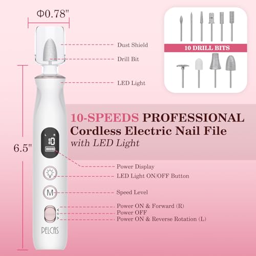 PELCAS Electric Nail File, 10 Speeds Cordless Nail Drill with LED Light, Portable Manicure and Pedicure Kit, Nail Grinder with LCD Screen for Human, Pet, Thick Toenails, Natural & Acrylic Nails
