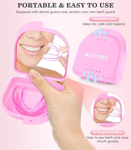 Small Mouth Guard for Women, 4 Pack Moldable Teeth Guard at Night Sleep Jaw Clenching & Bruxism, Ventilated Teeth Grinding Guard Box with 5X Magnifying Mirror