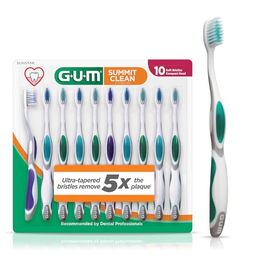 GUM Summit+ Soft Toothbrush, Ultra Fine Tapered Bristles for More Effective Plaque Removal, Extra Soft Toothbrushes for Adults, 10 Count