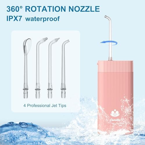 Portable Water Flosser for Teeth,Travel Water Flosser Picks,Mini Cordless Oral Irrigator Rechargeable Power Dental with Telescopic Water Tank, IPX7 Wateroproof for Brace & Sensitive Teeth Care,Pink