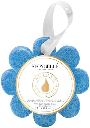 SPONGELLÉ Spongelle Freesia Pear Wild Flower Buffer Body Scrubber | Bath & Shower Loofah for Women | Exfoliator with Body Wash Infused Sponge | 14+ uses
