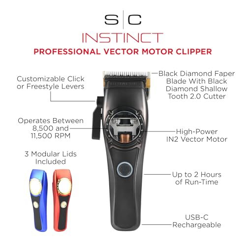 Stylecraft Instinct Professional IN2 Vector Motor Cordless Hair Clipper with Intuitive Torque Control, 3 Modular Lids