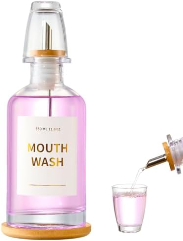 Glass Mouthwash Dispenser for Bathroom, 11.8oz Mouthwash Holder with Stianless Steel Spouts, Mouthwash Decanter with Bamboo Holder, Refillable Cups, Reusable Funnel, Golden Stickers