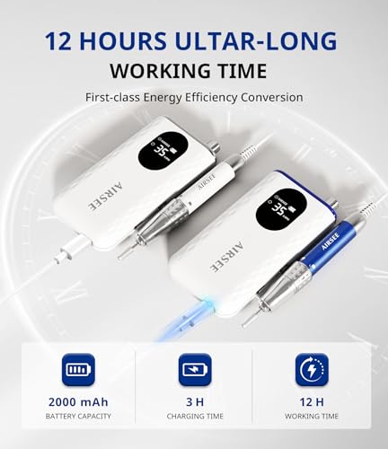 AIRSEE Updated Professional Nail Drill,Rechargeable Cordless Efile Machine for Acrylic Extension Gel Dip Powder Powerful Portable Efile 56 Sanding Bands 7 Bits,Low Noise Low Heat,G7 White