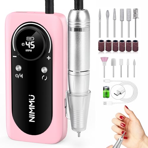 Nimmu Portable Nail Drill Professional, 45000RPM Electric Nail File for Acrylic Nail Remove Gel Polish, Rechargeable Nail Drill Machine with 11 Bits Kit for Manicure Salon Home (Pink)