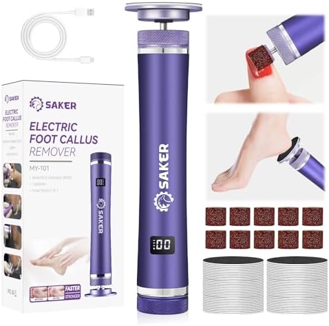 Saker Electric Foot Callus Remover, Electric Foot File Nail Grinder 2 in 1, Rechargeable Pedicure Tools for Feet with 60+10PCS Sandpaper & 12 Adjustable Speeds for Men Women Dead Dry Skin Calluses