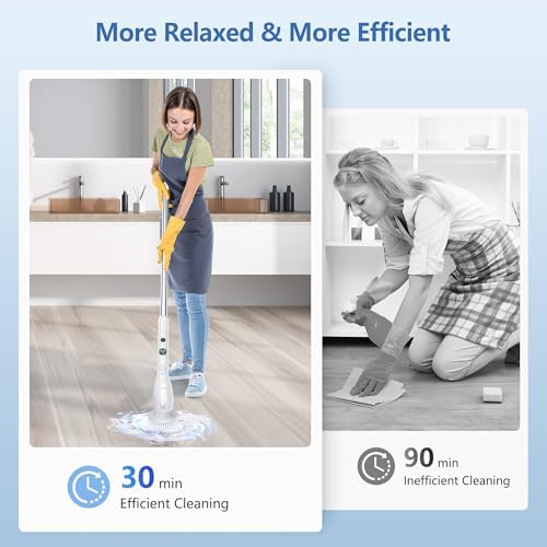 Electric Spin Scrubber, Cleaning Brush with 8 Brush Heads, IPX7 Waterproof LED Display, Adjustable Extension Handle Shower Scrubber for Bathroom Floor Tub Tile (White)