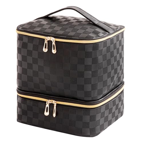 Portable Nail Polish Organizer Bag with UV Light Case - Holds 30 Bottles and 1 UV Nail Lamp, Double-Layers Nail Dryer Case for Gel Nail Polish Kit, Nail Art Decorations（Checkered Black）