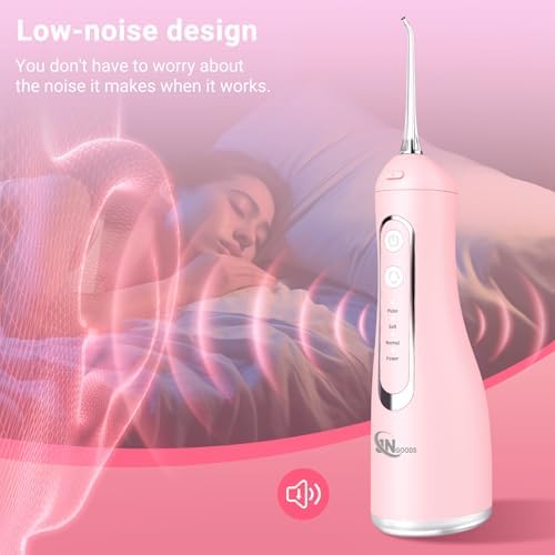 Cordless Water Dental Flosser Oral irrigator,JNGOODS 300ml Rechargeable Water flosser for Teeth IPX7 Waterproof 4 Modes Portable Oral Irrigator with 4 Jet Tips, Travel Home use (Pink)