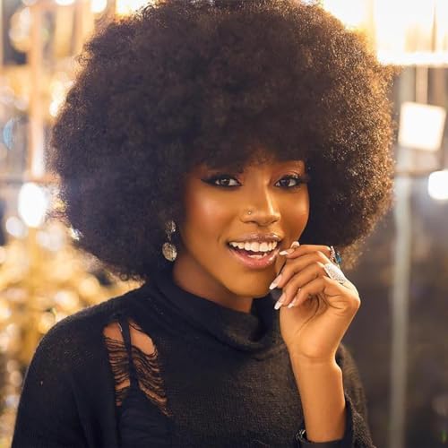 70's Afro Wig for Women, Natural Black Short Afro Kinky Curly Wig, Glueless Synthetic Wig with Bangs, Puffy & Fluffy Bouncy Afro Wig for Daily Cosplay Party