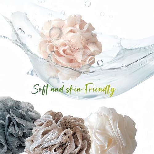 Loofah-Bath Sponge Set-Large, 4 Pack Bath Scrubbers, Soft Mesh Family Use Puff-Cleansing Body Scrub for Men and Women: Skin Soothing Exfoliation Tools (Dark Blue-White-Pink-Light Brown-60g)