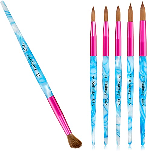 5 Pieces Kolinsky Nail Brush Set - Acrylic Application Brushes With Crimped Shaped Handle for Nail Art Manicure - Sizes 6, 8, 10, 12, 14 (Pink, Blue and White)