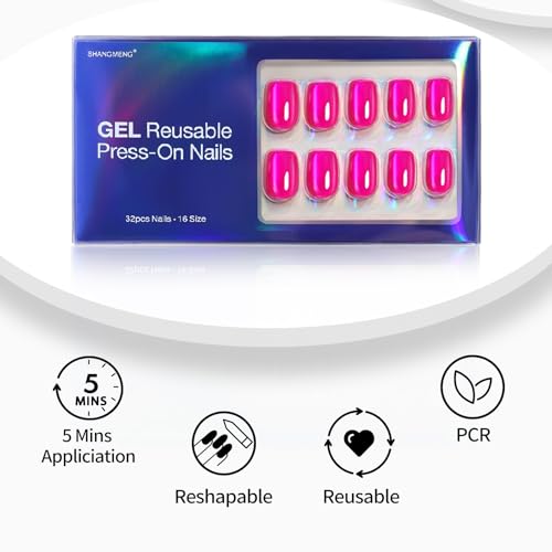 Soft Gel Hot Pink Press on Nails Short - Cat Eye Press on Nails Square for Women Gift, Natural Fit & Glossy Stick on Nails with Glue in 16 Sizes - 32 Reusable Fake Nails, Hot Pink