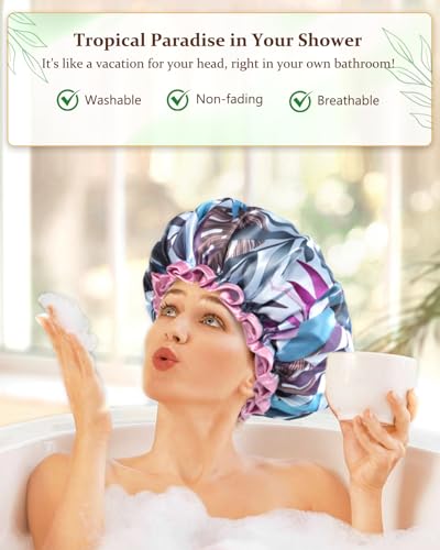 mikimini Large Shower Cap for Women Reusable Waterproof, Adjustable Hair Cap for Shower with Double Layers, Tropic Style Hair Cover for Shower suit for Long Hair, Braids, 2 Pieces