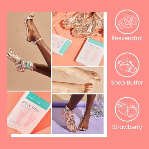 Patchology Rosé Toes Moisturizing Foot Mask – Shea Butter & Strawberry Scented Booties for Dry, Cracked Feet, Disposable Spa Socks with Resveratrol for Soothing Foot Care, Self-Care Essentials
