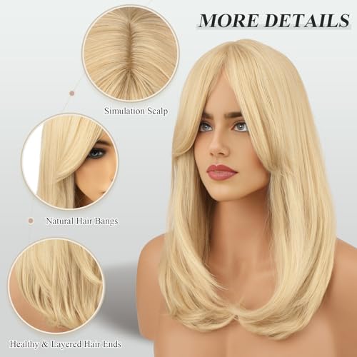 FESHFEN Blonde Wigs with Bangs, Synthetic Natural Looking Light Blonde Long Layered Straight Hair Wig for Women Daily Party Use 18 inch