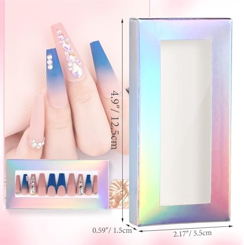 Noverlife 30PCS Empty Press on Nail Package with 30PCS Pullable White Paper Trays, False Nail Packaging Box with Clear Window, Nail Tip Package Boxes for Nail Salon Bussiness - Holographic