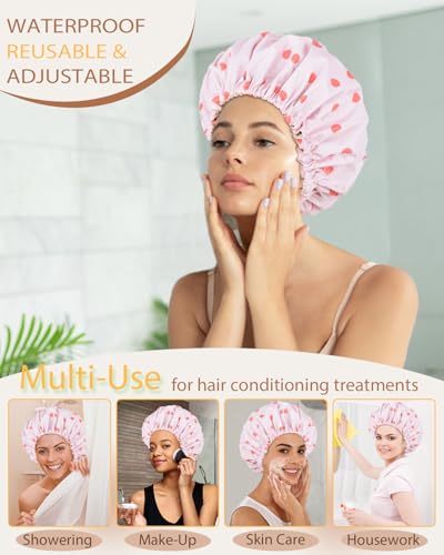 Shower Cap Large Shower Caps for Women Reusable Waterproof with Adjustable Band Double Layer Design Large Luxury Washable Bath Hair Bonnet (Pink Dot)