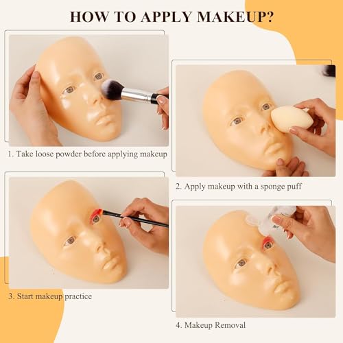 Silicone Makeup Practice Head, Set with Face Painting Mannequin, Brushes and Eyebrow Pen, Ideal Gift for Beginners & Enthusiasts to Improve Makeup Skills, Yellow