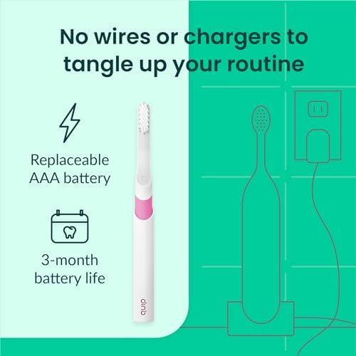 Quip Sonic Toothbrush for Adults with Timer - Includes Extra Brush Head and Travel Cover Mount - Electric, Soft Bristle Refill Head, Plastic Handle, 3 Month Battery Life - Travel Toothbrush - Magenta