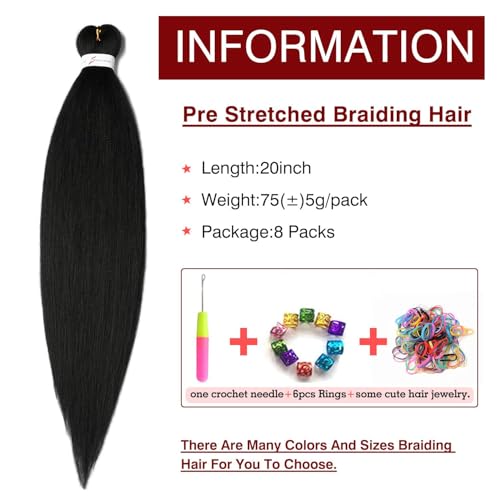 Pre Stretched Braiding Hair Natural Black - 20''8 Packs Braid Crochet Hair Hot Water Setting Professional Soft Yaki Texture (20inch,#1B)