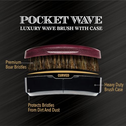 Red by Kiss Premium Pocket Wave Bow Wow Curved Palm Brush Soft, High Density Curved Bristles for Deep Natural 360 Waves, Pocket Size with Travel Cover for Coarse Hair & Wolfing Stage
