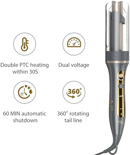 Automatic Rotating Curling Iron, Zavarea 1 Inch Beach Waves Curling Wand with Extra Long Barrel, Self Hair Curler with Tangle-Free & Negative Ions, Easy to Use, Dual Voltage, Elegant Gray