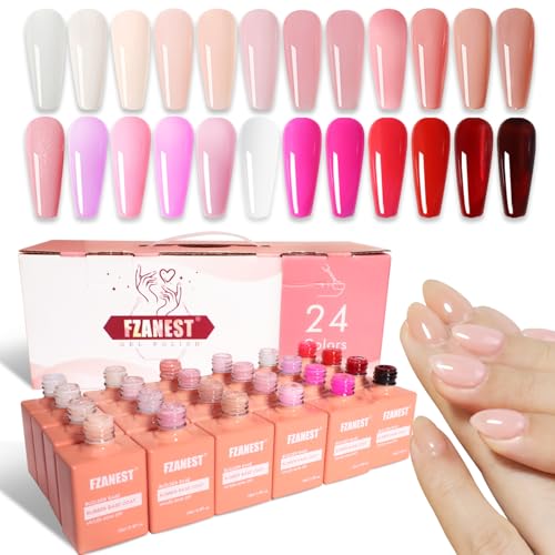 FZANEST Rubber Base Builder Nail Gel 24 Colors*15ml Salon Product Soft Structure Gel For Nails Enhance Extension Jelly Natural Nude Pink Base Color Overlay UV LED Soak Off