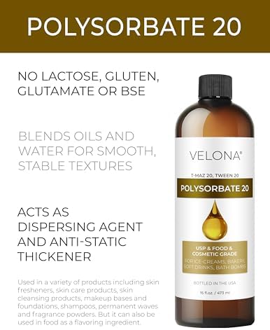 Polysorbate 20 by Velona - 16 Fl Oz | Solubilizer, Food & Cosmetic Grade | All Natural for Cooking, Skin Care and Bath Bombs | Use Today - Enjoy Results