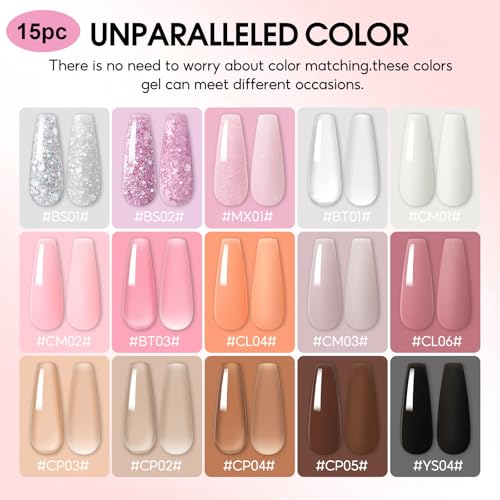 COSCELIA 44PC Poly Nail Gel Kit Starter Kit 16ML 15 Colors Poly Extension Gel with U V Lamp Slip Solution Glitter Decorations Nail Extension Gifts for Women