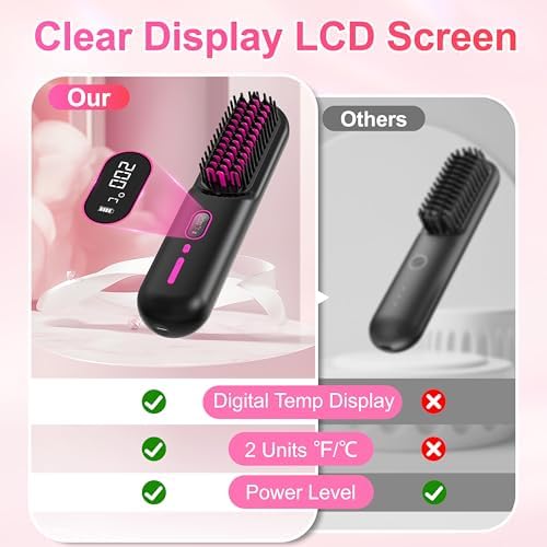 Cordless Hair Straightener Brush - [200M Negative Ions] Portable Straightening Brush for Women, USB Rechargeable, Anti-Scald, Fast Heating Mini Straightener Comb for Travel Car Outdoor, Black