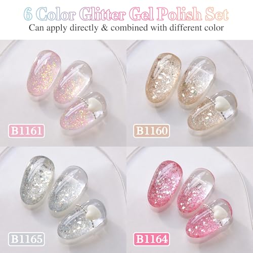 Double Rhythm 0.5 Oz Glitter Gel Polish Set of 6 Color with Display Board 15 ml Full Size Kit Shimmer Reflective Sparkle Soak Off Manicure Salon DIY at Home (Gold Silver Light Pink Rose-T6-35)