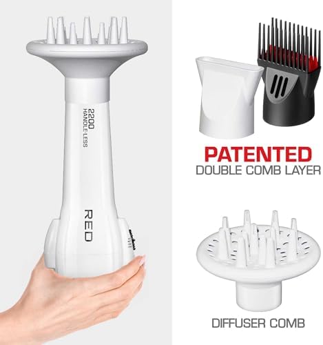 Red by KISS HandleLess Blow Dryer 2200W Ceramic Tourmaline White Color, 3 Heat Settings, Pik and Diffuser Included Comfortable Grip, Ionic for Frizz-Free Shine, Detangler & Straightening