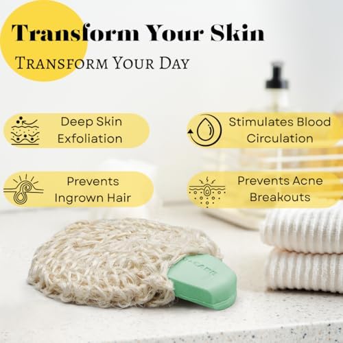 Natural Handwoven Sisal Loofah Body Scrubber - Organic Shower Sponge Made from Premium Agave Fibers - Arabic-Turkish Style with Bar Soap Pouch - Natural Body Scrubber for Men & Women