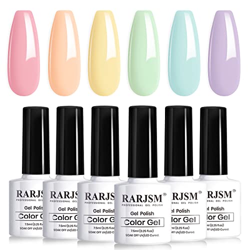 RARJSM Gel Nail Polish Set 6Pcs Pastel Gel Polish Rainbow Colors Kit Soak off UV Spring Summer Ice Cream Varnish Nail Art Salon Manicure at Home(Pink Orange Yellow Green Blue Purple)