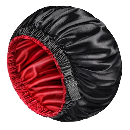 mikimini Satin Bonnet Pack of 2 for Men and Women, Reversible Double Layer Sleeping Silk Bonnet for Curly Hair Braids with Anti-Slip Adjustable Widened Elastic Band Super Large Soft (XL, Black/Red)