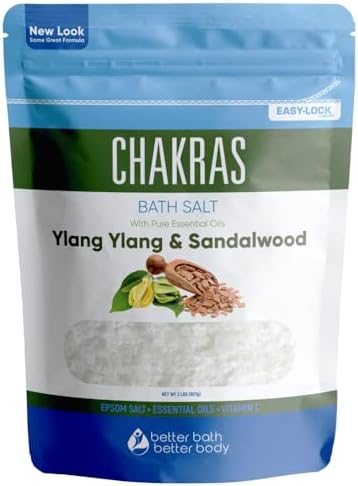 Chakras Bath Salt 32 Ounces Epsom Salt with Natural Ylang Ylang, Sandalwood, Eucalyptus, Frankincense, Chamomile and Cinnamon Essential Oils Plus Vitamin C in BPA Free Pouch with Easy Press-Lock Seal